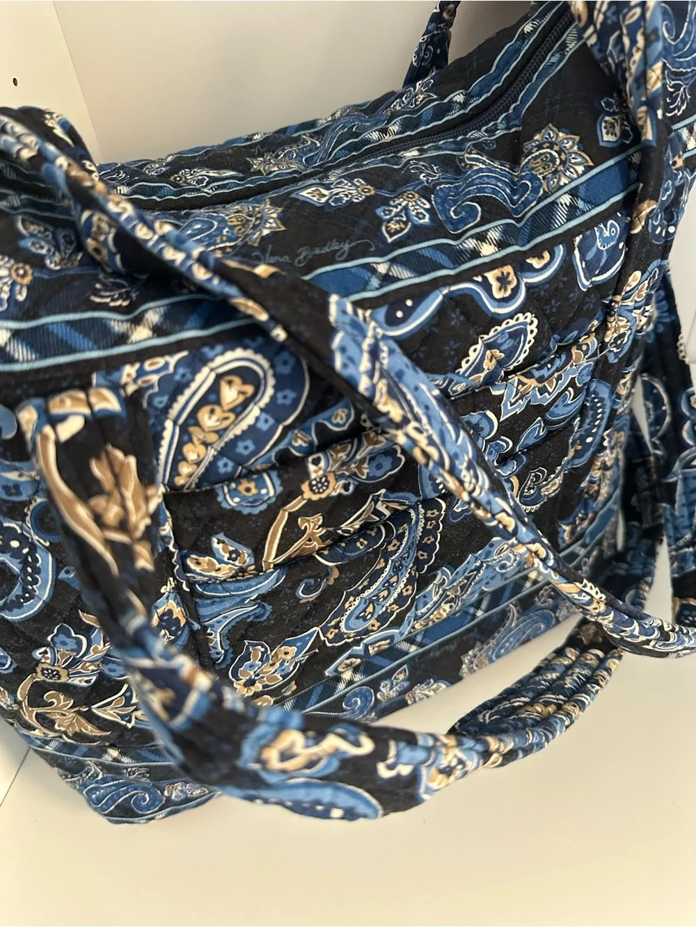 Vera Bradley Midnight Paisley Quilted Tote Bag Blue Black Floral Shoulder Purse